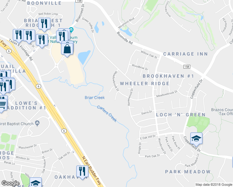 map of restaurants, bars, coffee shops, grocery stores, and more near 3510 Oak Valley Circle in Bryan