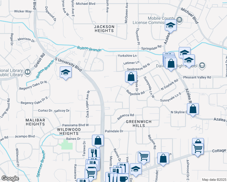 map of restaurants, bars, coffee shops, grocery stores, and more near 1455 Cambridge Court in Mobile