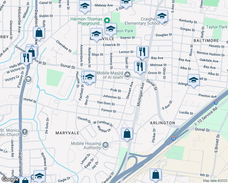 map of restaurants, bars, coffee shops, grocery stores, and more near 1583 Polk Street in Mobile