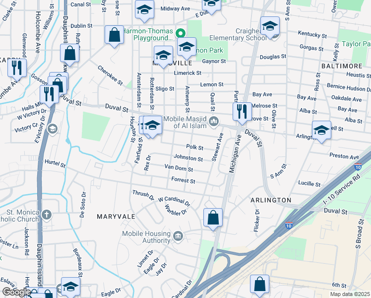 map of restaurants, bars, coffee shops, grocery stores, and more near 1609 Polk Street in Mobile