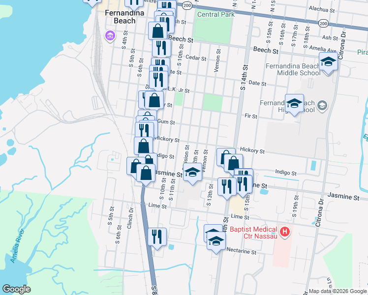 map of restaurants, bars, coffee shops, grocery stores, and more near 814 Division Street in Fernandina Beach