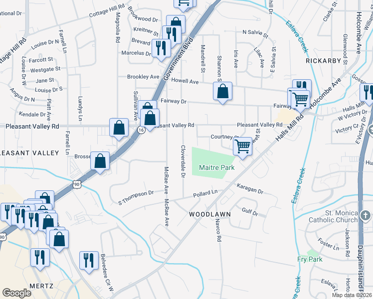 map of restaurants, bars, coffee shops, grocery stores, and more near 955 Cloverdale Drive in Mobile