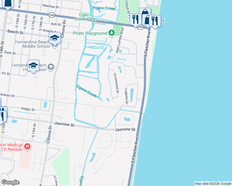 map of restaurants, bars, coffee shops, grocery stores, and more near 503 Crosswind Drive in Fernandina Beach