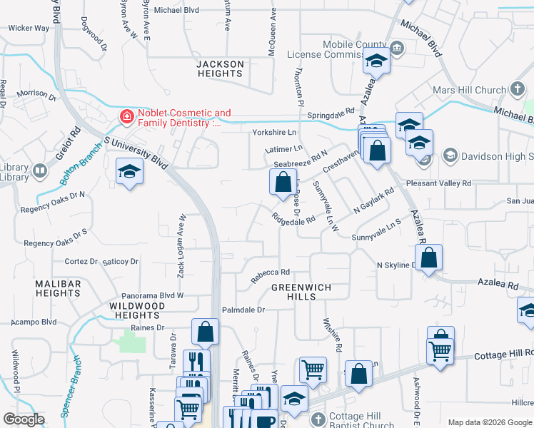 map of restaurants, bars, coffee shops, grocery stores, and more near 5065 Ridgedale Road in Mobile