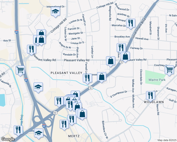 map of restaurants, bars, coffee shops, grocery stores, and more near 957 Farnell Lane in Mobile