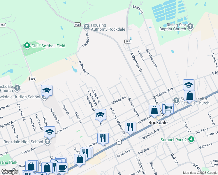 map of restaurants, bars, coffee shops, grocery stores, and more near 406 Hazel Avenue in Rockdale