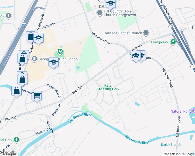 map of restaurants, bars, coffee shops, grocery stores, and more near 208 Bastian Lane in Georgetown