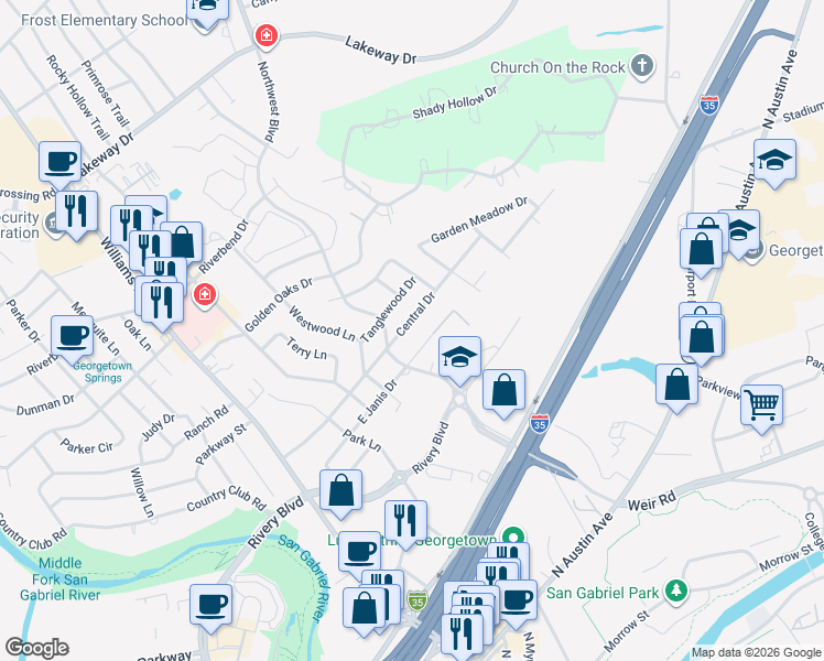 map of restaurants, bars, coffee shops, grocery stores, and more near 408 East Central Drive in Georgetown