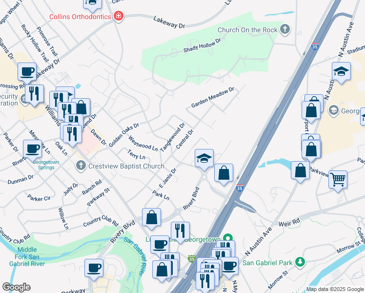 map of restaurants, bars, coffee shops, grocery stores, and more near 409 East Janis Drive in Georgetown