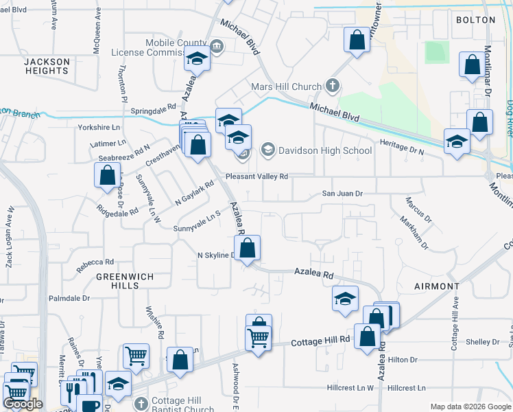 map of restaurants, bars, coffee shops, grocery stores, and more near 3903 San Juan Drive in Mobile