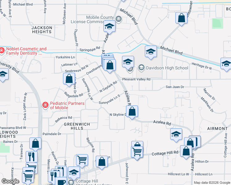 map of restaurants, bars, coffee shops, grocery stores, and more near 511 Meadowwood Curve in Mobile