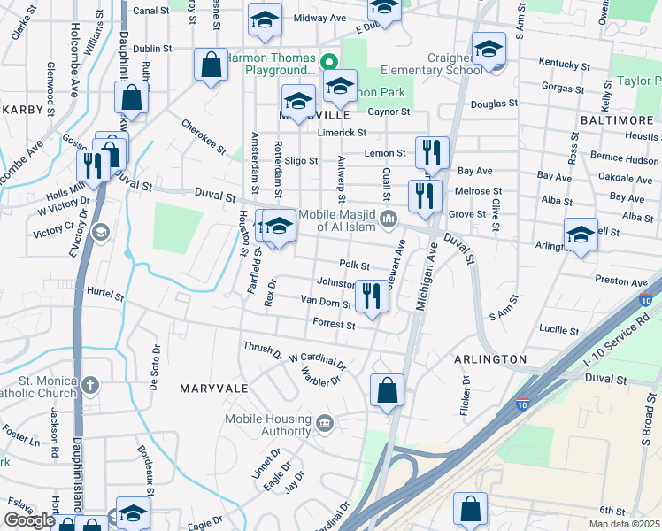 map of restaurants, bars, coffee shops, grocery stores, and more near 1609 Polk Street in Mobile