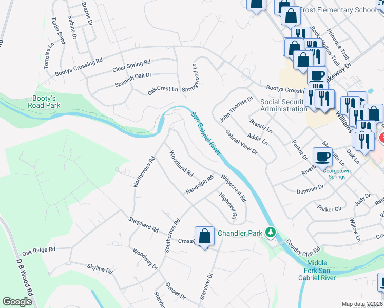 map of restaurants, bars, coffee shops, grocery stores, and more near 129 Ridgecrest Road in Georgetown