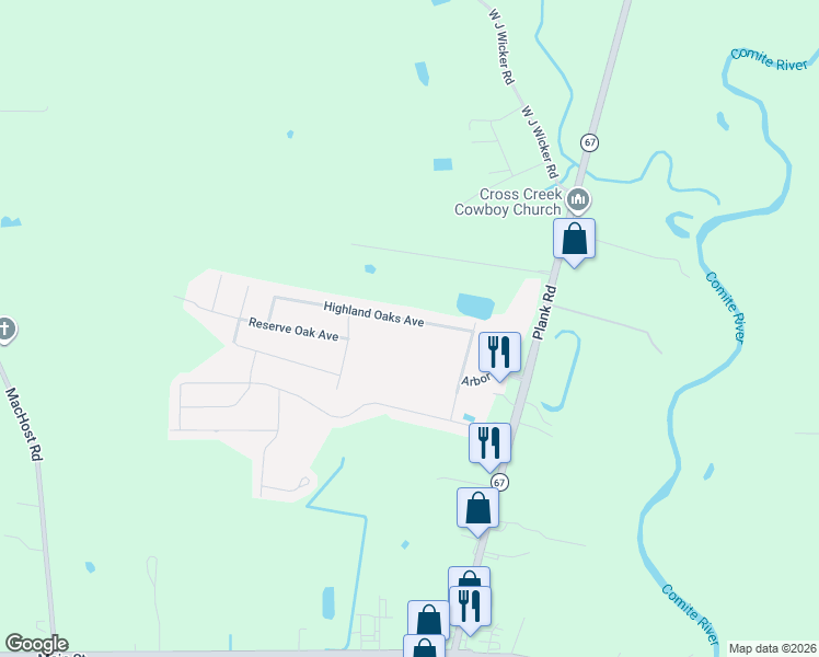 map of restaurants, bars, coffee shops, grocery stores, and more near 9309 Highland Oaks Avenue in Zachary
