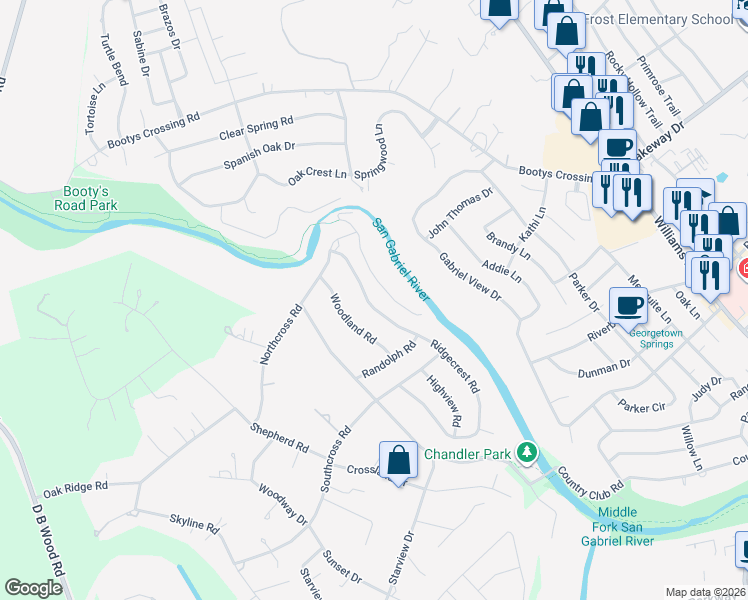 map of restaurants, bars, coffee shops, grocery stores, and more near 129 Ridgecrest Road in Georgetown
