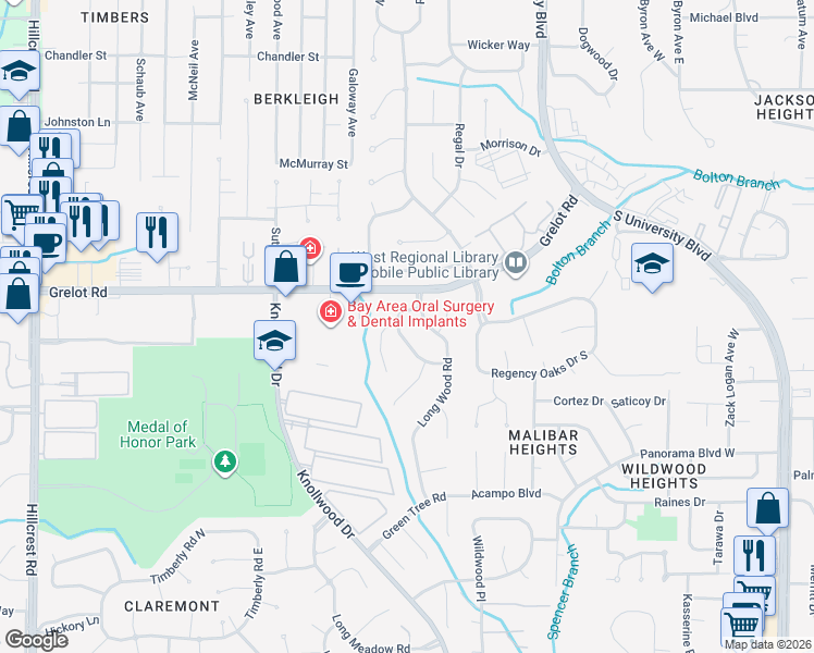 map of restaurants, bars, coffee shops, grocery stores, and more near 1455 Fern Valley Rd in Mobile