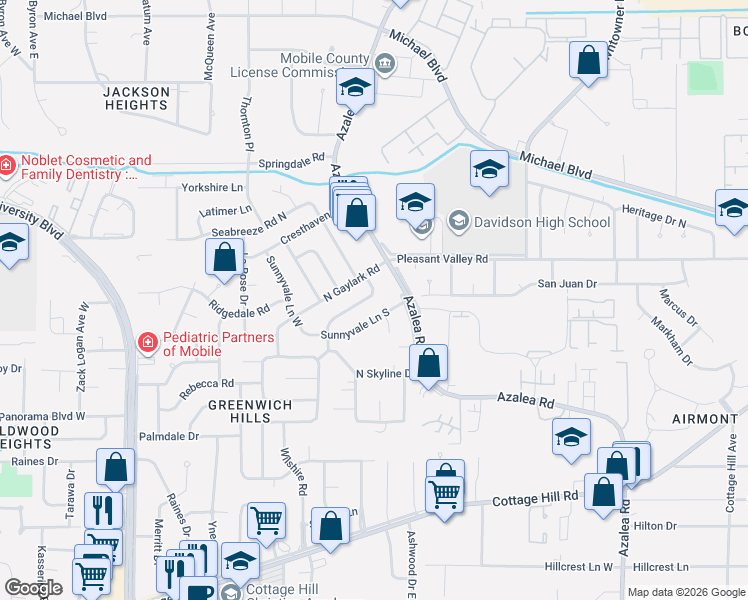 map of restaurants, bars, coffee shops, grocery stores, and more near 511 Meadowwood Curve in Mobile