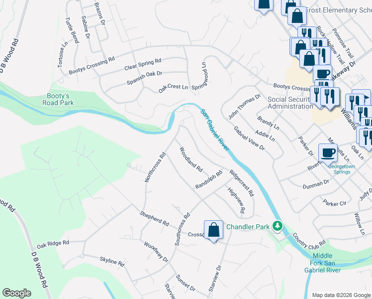 map of restaurants, bars, coffee shops, grocery stores, and more near 109 Woodland Road in Georgetown