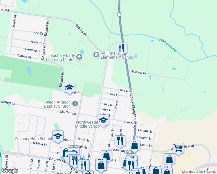map of restaurants, bars, coffee shops, grocery stores, and more near 4561 Avenue G in Zachary