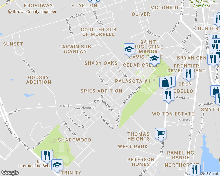 map of restaurants, bars, coffee shops, grocery stores, and more near 1401 Cedar Street in Bryan