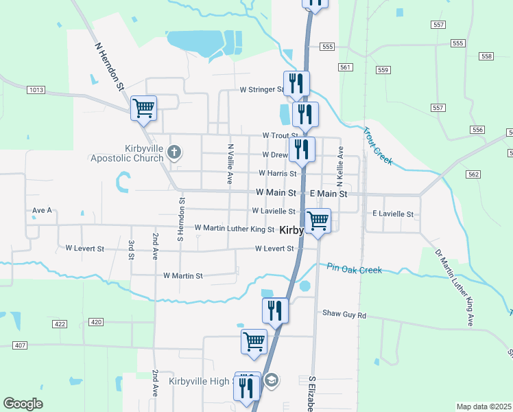 map of restaurants, bars, coffee shops, grocery stores, and more near 303 West Main Street in Kirbyville