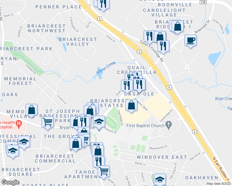 map of restaurants, bars, coffee shops, grocery stores, and more near 2205 Quail Hollow Drive in Bryan