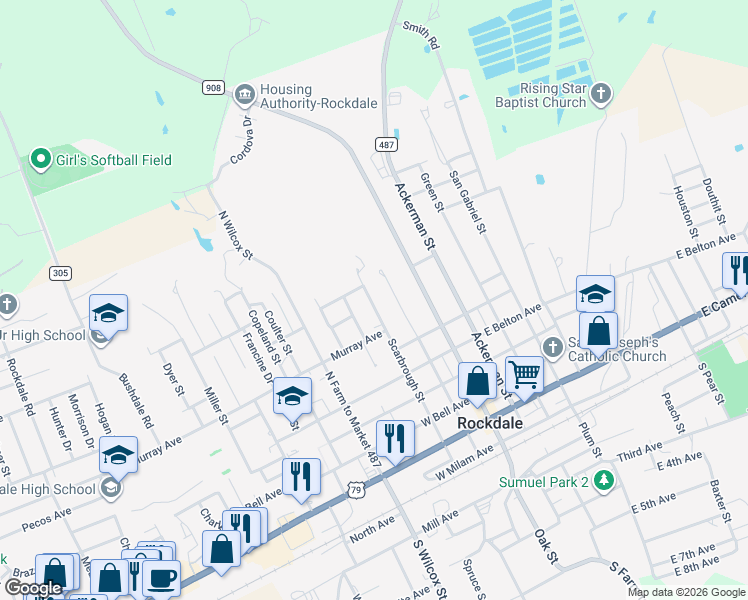map of restaurants, bars, coffee shops, grocery stores, and more near 728 Scarbrough Street in Rockdale