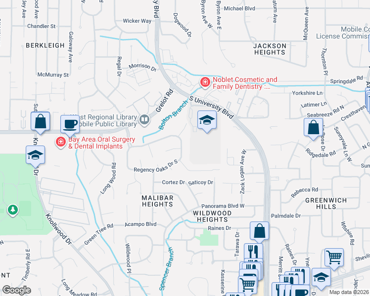 map of restaurants, bars, coffee shops, grocery stores, and more near 1424 Regency Oaks Drive East in Mobile