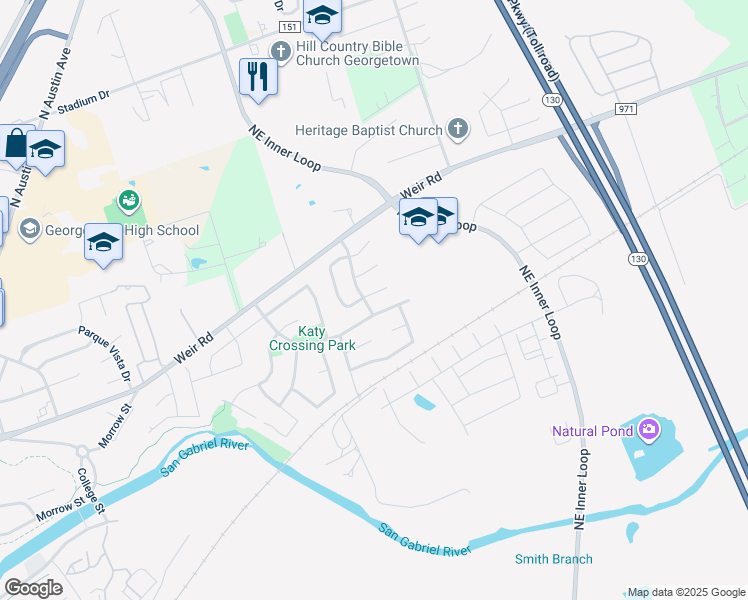 map of restaurants, bars, coffee shops, grocery stores, and more near 111 Prairie Springs Cove in Georgetown