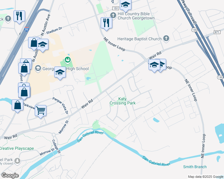 map of restaurants, bars, coffee shops, grocery stores, and more near 212 Bastian Lane in Georgetown