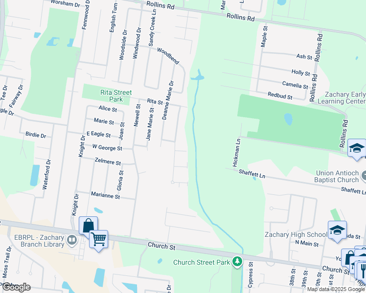 map of restaurants, bars, coffee shops, grocery stores, and more near 2713 Penny Lane in Zachary