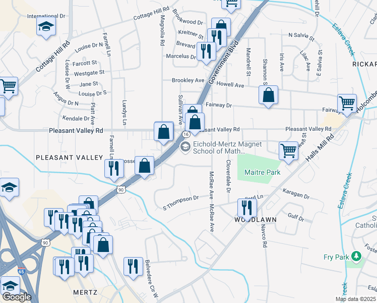 map of restaurants, bars, coffee shops, grocery stores, and more near 2815 Government Boulevard in Mobile