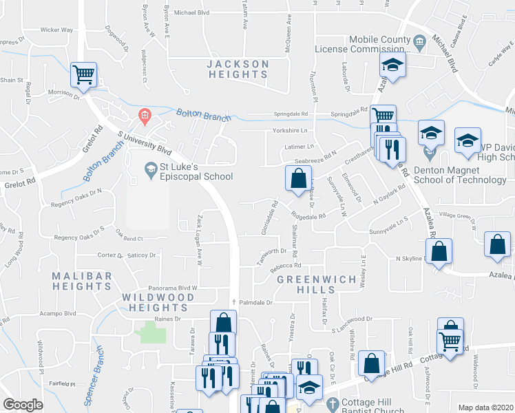 map of restaurants, bars, coffee shops, grocery stores, and more near 1451 Cambridge Ct in Mobile