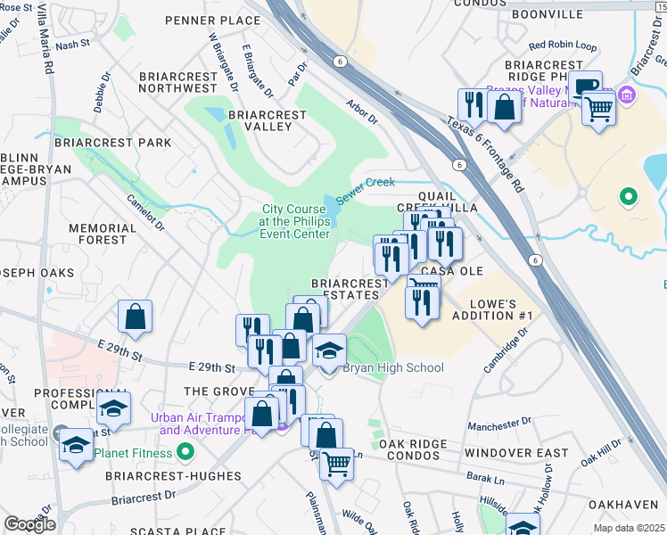 map of restaurants, bars, coffee shops, grocery stores, and more near 2901 Partridge Circle in Bryan