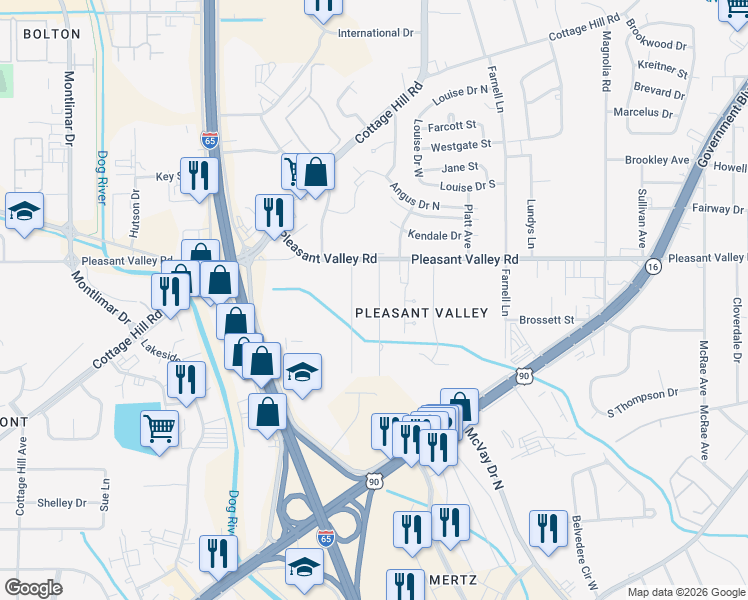 map of restaurants, bars, coffee shops, grocery stores, and more near 924 Shady Brook Drive in Mobile