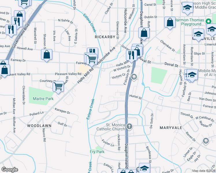 map of restaurants, bars, coffee shops, grocery stores, and more near 2103 East Victory Drive in Mobile