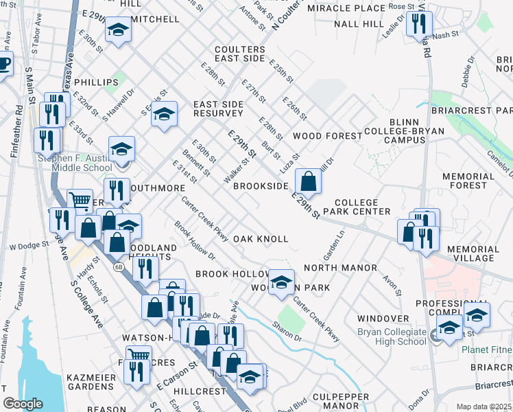 map of restaurants, bars, coffee shops, grocery stores, and more near 1562 Bennett Street in Bryan