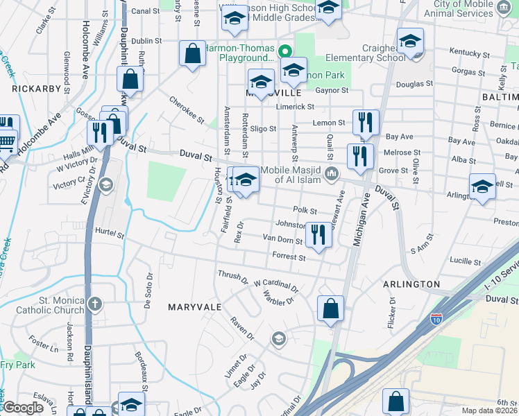 map of restaurants, bars, coffee shops, grocery stores, and more near 1659 Polk St in Mobile