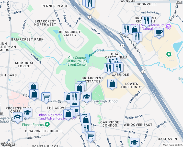 map of restaurants, bars, coffee shops, grocery stores, and more near 2901 Partridge Circle in Bryan