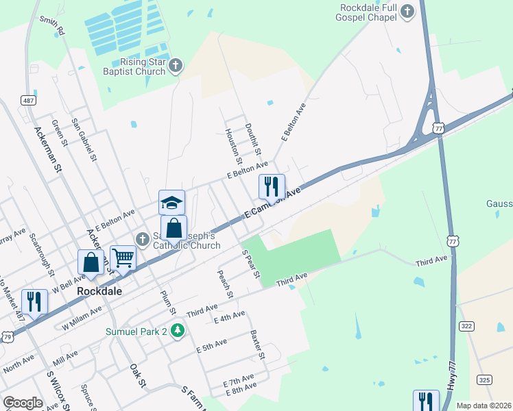 map of restaurants, bars, coffee shops, grocery stores, and more near 1001 East Cameron Avenue in Rockdale