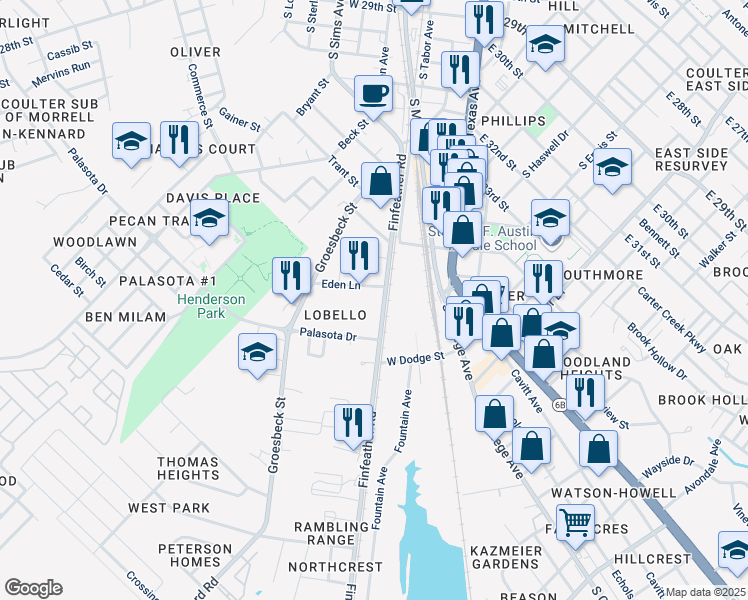 map of restaurants, bars, coffee shops, grocery stores, and more near 1404 Finfeather Road in Bryan