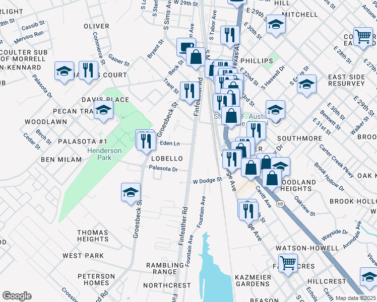 map of restaurants, bars, coffee shops, grocery stores, and more near 1404 Finfeather Road in Bryan