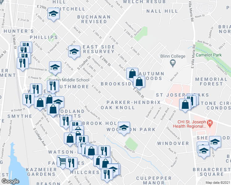map of restaurants, bars, coffee shops, grocery stores, and more near 1560 Bennett Street in Bryan