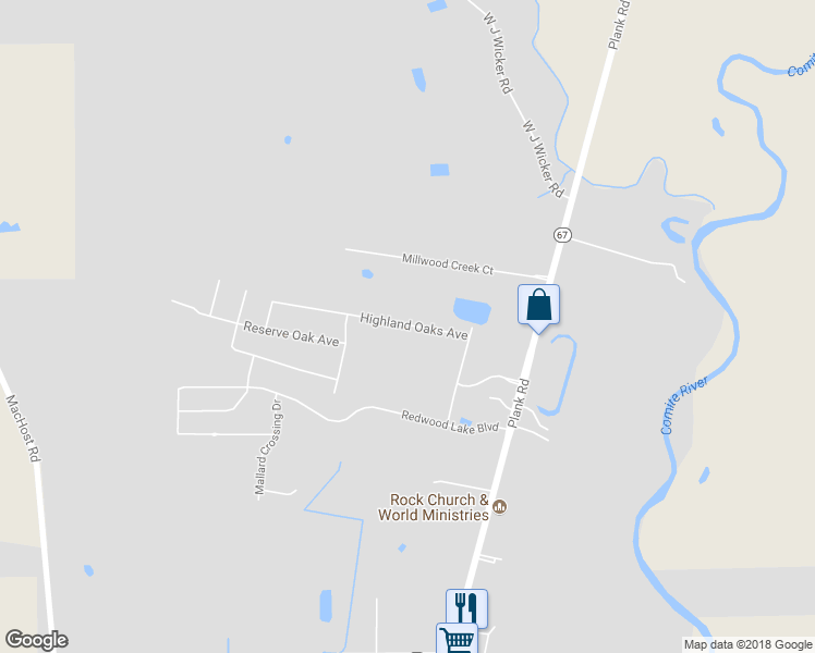 map of restaurants, bars, coffee shops, grocery stores, and more near 9309 Highland Oaks Avenue in Zachary