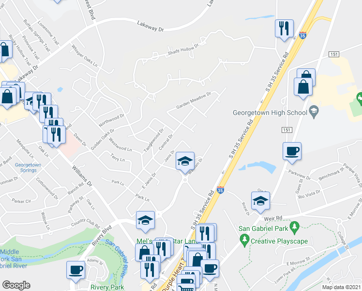 map of restaurants, bars, coffee shops, grocery stores, and more near 509A Janis Drive in Georgetown
