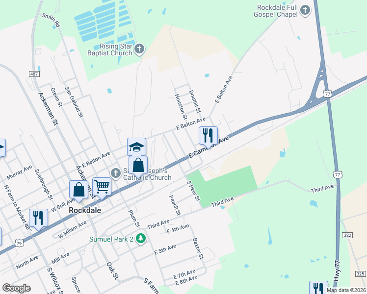map of restaurants, bars, coffee shops, grocery stores, and more near 214A Crockett Street in Rockdale