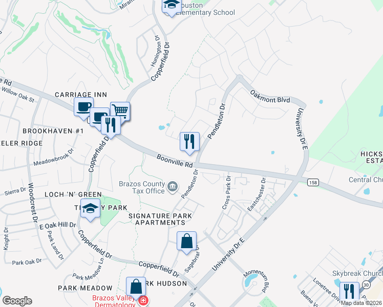 map of restaurants, bars, coffee shops, grocery stores, and more near 5001 Boonville Road in Bryan