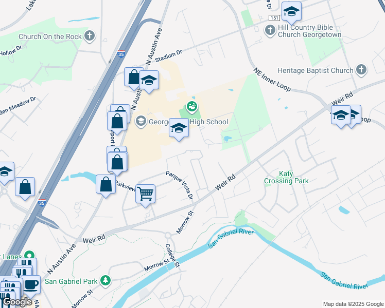 map of restaurants, bars, coffee shops, grocery stores, and more near 671 Farm to Market Road 971 in Georgetown