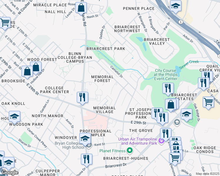 map of restaurants, bars, coffee shops, grocery stores, and more near 2505 River Forest Drive in Bryan