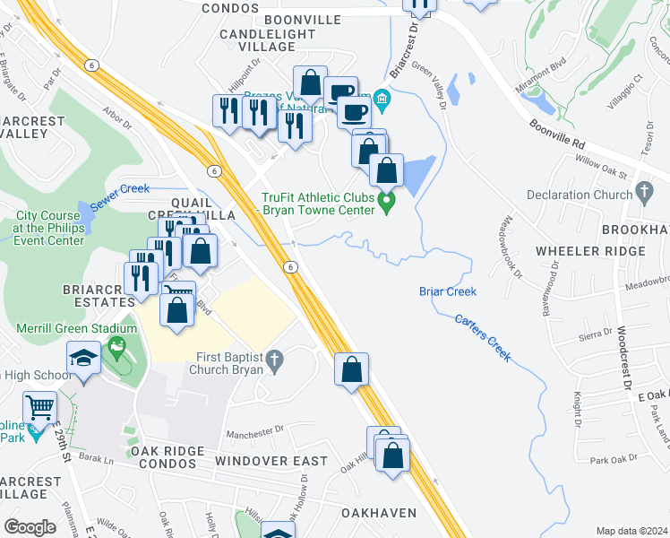 map of restaurants, bars, coffee shops, grocery stores, and more near State Highway 6 South in Bryan